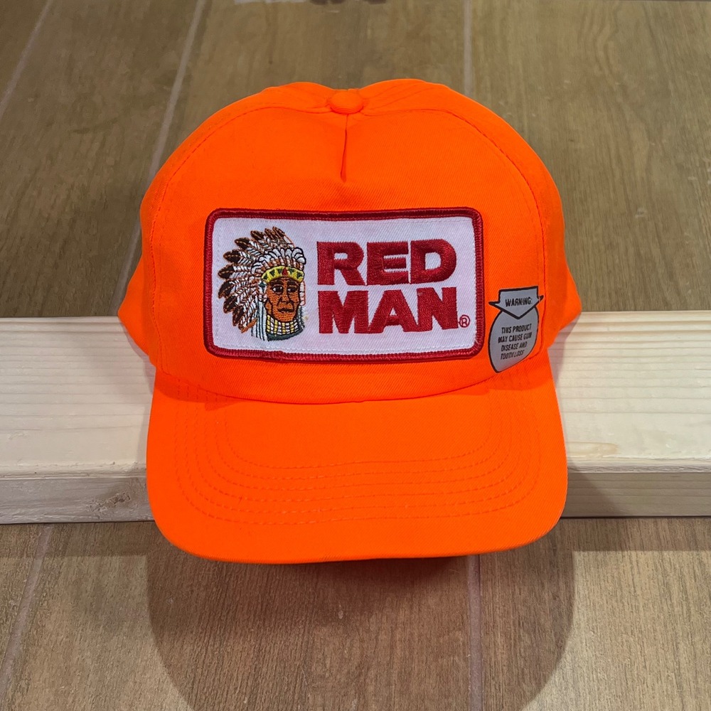 Vintage Red Man Chewing Tobacco Trucker Hat hunter Orange Snapback Made in USA